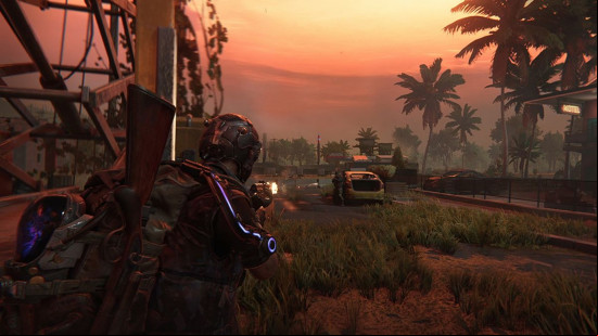 once-human-encounter Once Human crossplay: a person squares off against another on a ruined street at dusk.
