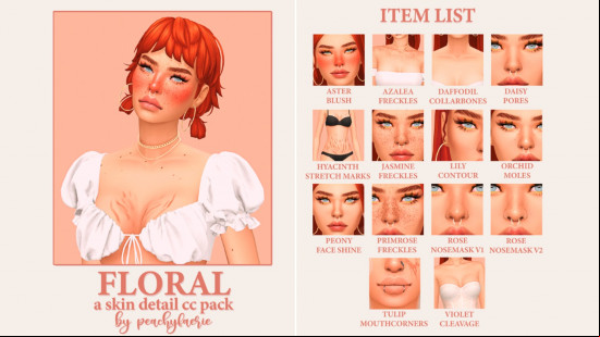 14 items available in the Floral skin detail pack by peachyfaerie, one of the best Sims 4 CC creators for hair.