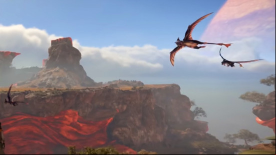 ASglis Flyers soar over the red cliffs of Toshara, one of the Star Wars Outlaws planets.