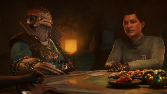 Star Wars Outlaws wanted level: an alien and a human sit together at a table.