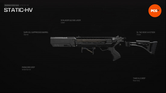 Warzone Static-HV loadout: a heavily modified submachine gun with a large suppressed barrel.