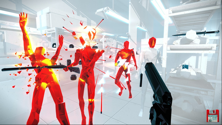 The head pops on a bright-red mannequin in Superhot: Mind Control Delete.