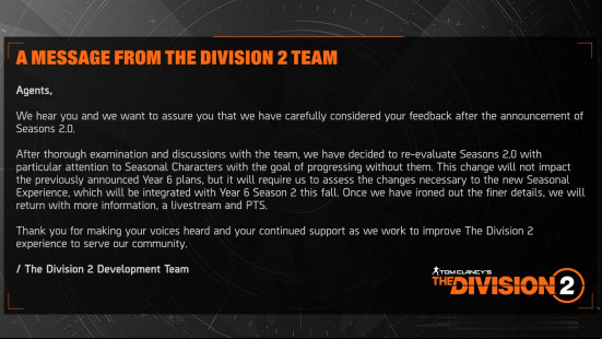 The Division 2: A screenshot of a statement from the developers of The Division 2