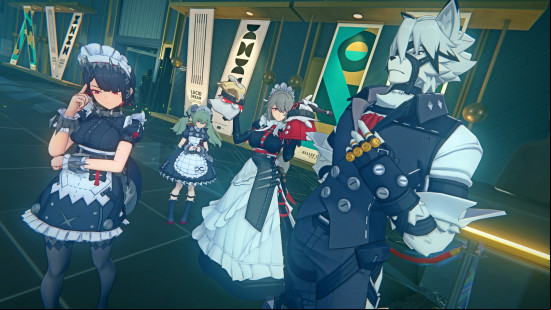Zenless Zone Zero preview: Lycaon, Rina, Corin, and Ellen stand together as one united front to represent the Victoria Housekeeping Co. faction.