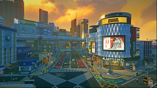 Zenless Zone Zero preview: An overhead shot of Lumina Square, a built-up pedestrianised bay area with towering skyscrapers in the distance.