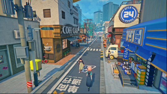 Zenless Zone Zero preview: An overhead view of Sixth Street, Belle and Wise's home that includes Coff Cafe and the 24-hour convenience store.