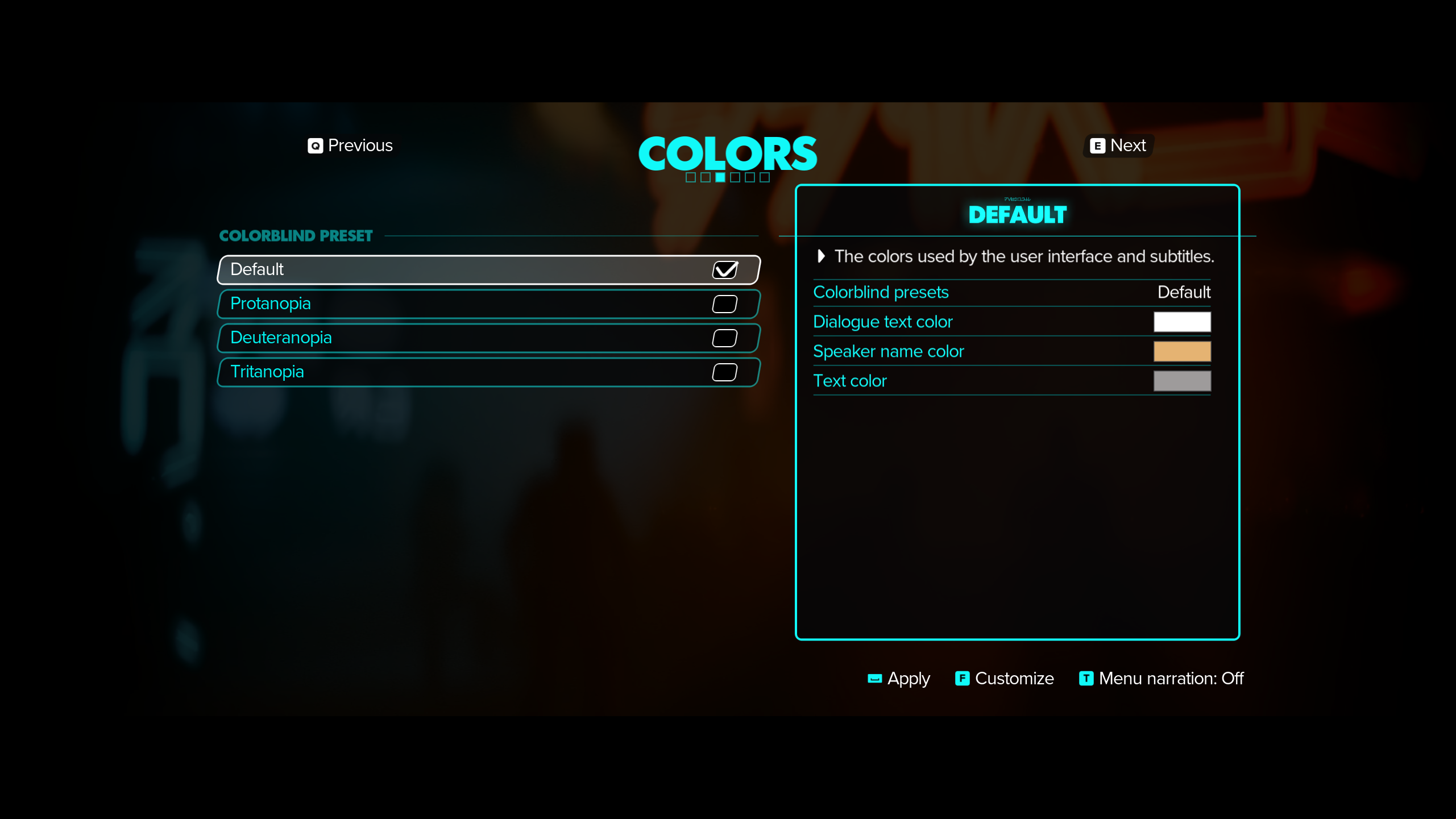 A screenshot of the colorblind settings in Star Wars Outlaws