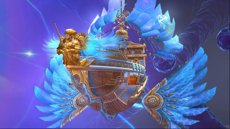 A flying ship emerges from purple in Allods Online.