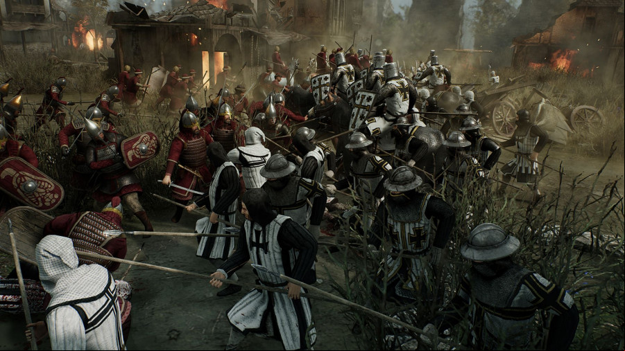 A horde of soldiers engage in melee combat.