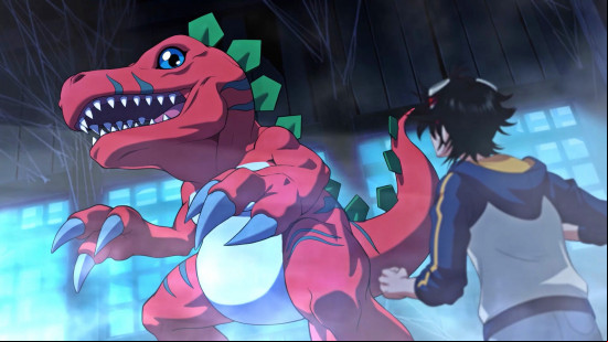 A freshly digivolved Tyrannomon eyeballs Takuma in Digimon Survive, one of the best anime games.