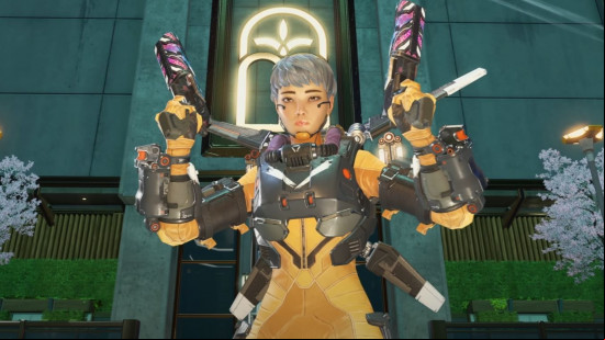 Apex Legends Season 22: Valkyrie stands holding Mozambique shotguns on both hands