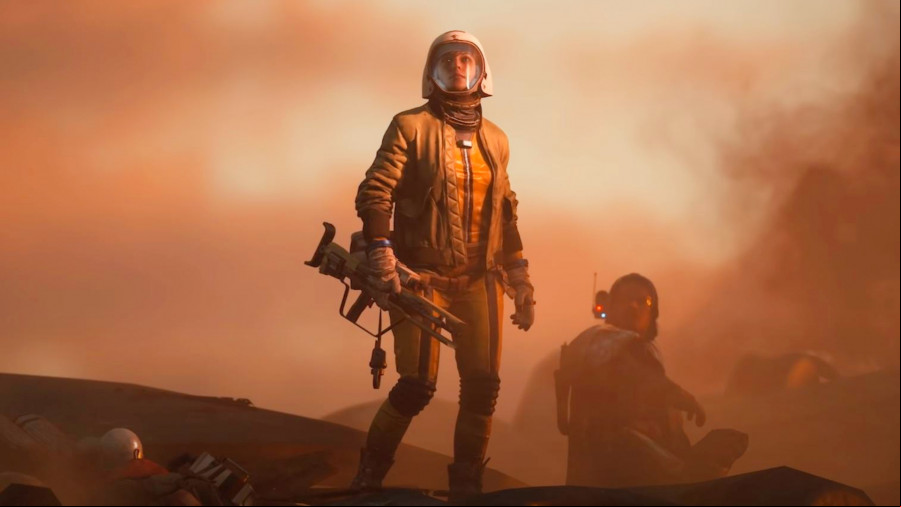 ARC Raiders: A woman wearing a brown suit and white helmet stands next to a sitting friend in a dusty landscape