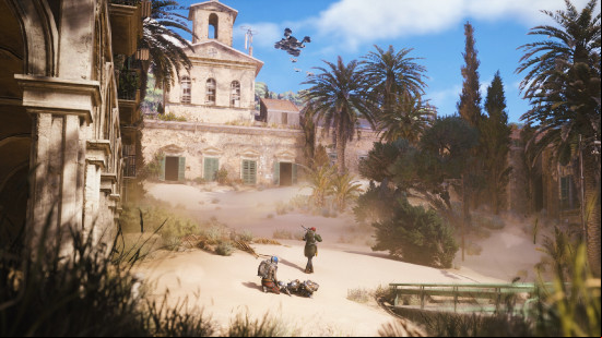 Arc Raiders preview: Three players on a sandy beach in front of a grand stone building with a robotic drone overhead