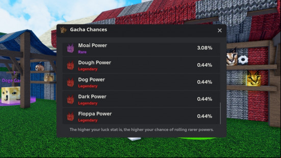 A Gacha chances list including Floppa, the best Meme Sea Fruit Power