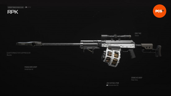 Best Warzone RPK loadout: a long light machine gun with white 3D printed parts.