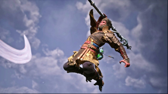 Best Black Myth Wukong builds: The Destined One flies through the air above Kang-Jin Loong.