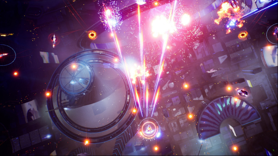 Cygni All Guns Blazing: A screenshot of a spaceship firing multiple lasers at exploding enemies