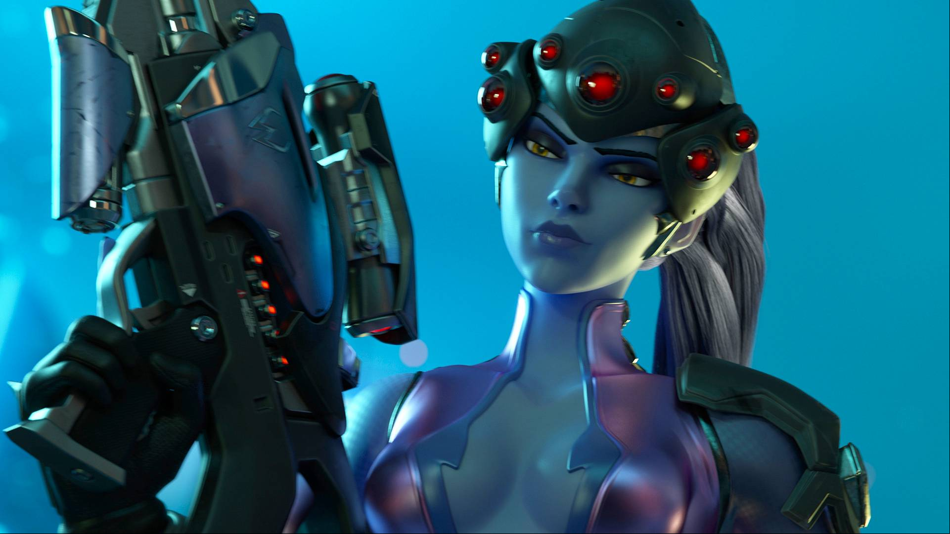 A woman with blue skin and a skinsuit with a plunging neckline holds up a huge sniper rifle, and odd spider-like helmet on her head