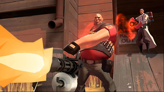 A bulky, bald cartoon man wearing a red shirt and a grenade belt fires a huge minigun at the camera in front of a brick house