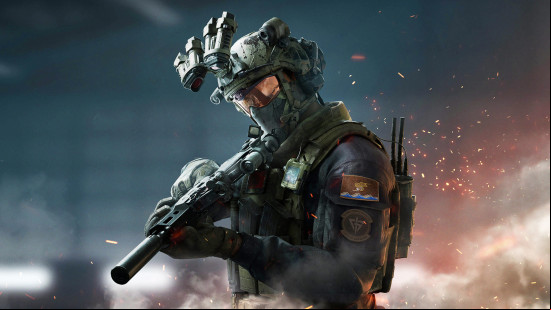 Delta Force Hawk Ops operators: the masked Vyron holding a rifle