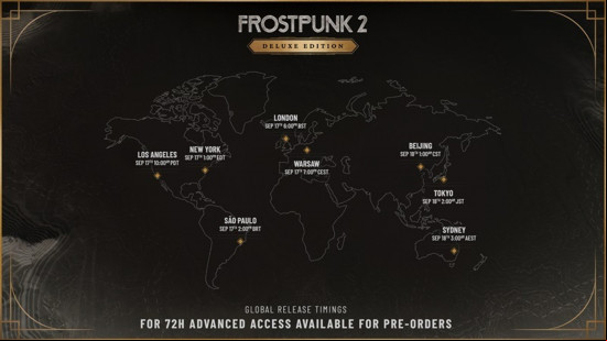 The global release times for the Frostpunk 2 release date shown on a map of the world.