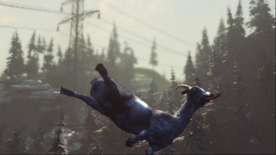 The goat from Goat Simulator pulls a very funny face mid-air.