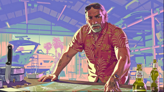 GTA 6 cheats: Brian Heder pores over a map of Leonida surrounded by beer bottles, bullets, and a knife.