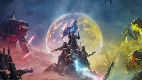 Helldivers 2 Escalation of Freedom: Key art showing four Helldivers on rocky mound holding a flag while flanked by enemy robots and aliens