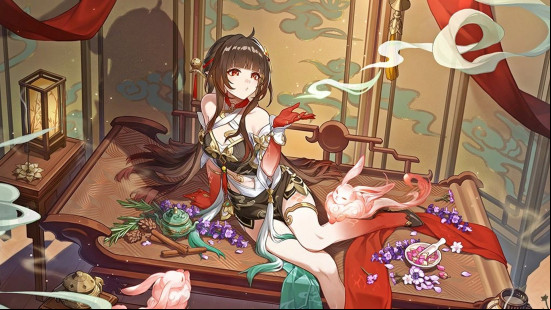 Lingsha, one of the  Honkai Star Rail characters, reclines on a couch surrounded by flowers, incense, and bunny spirits.