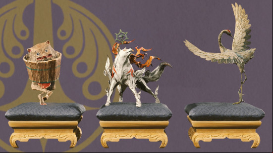 Kunitsu Gami free update: three small sculptures sit on gold, cushioned plinths