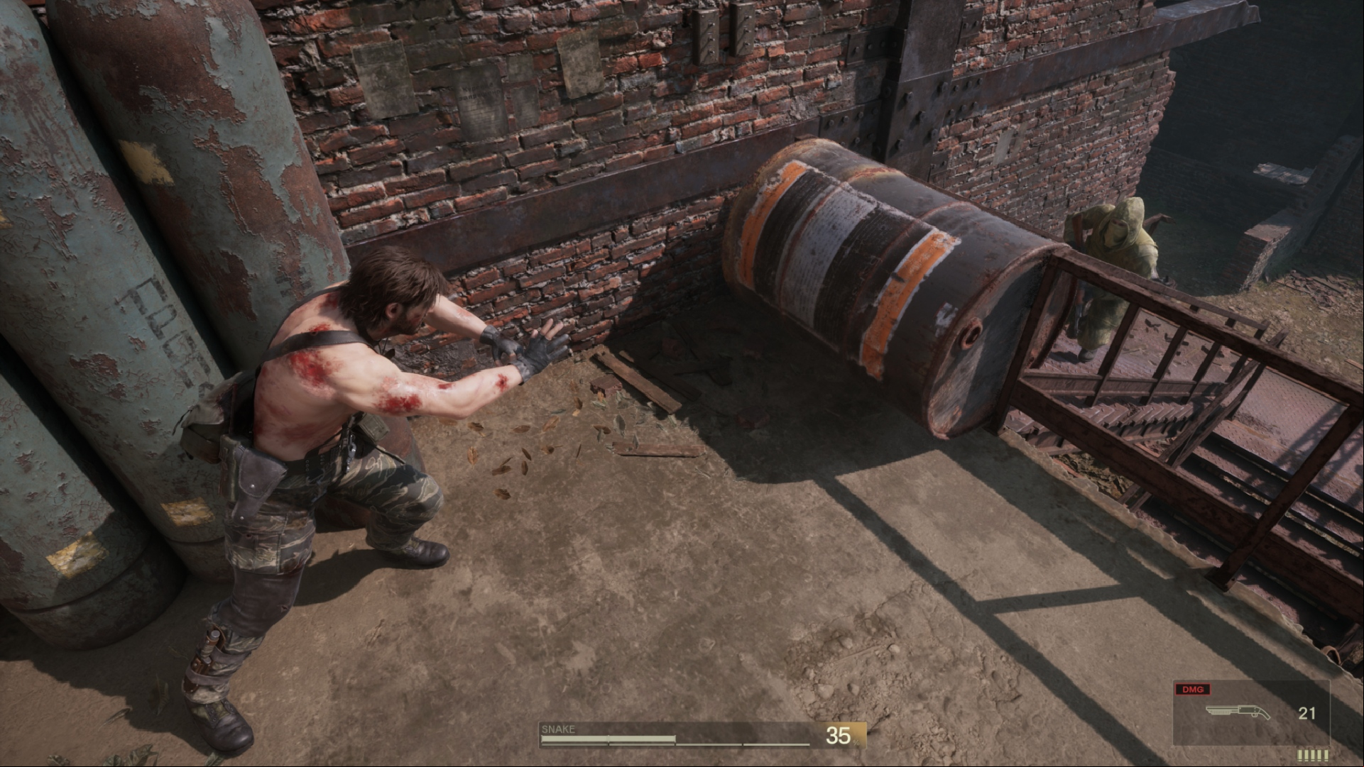 Metal Gear Solid Delta preview: An in-game screenshot of Snake pushing a barrel down some stairs