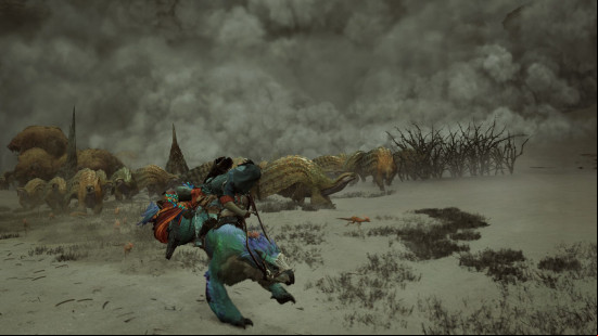 Monster Hunter Wilds pay-to-win: a man riding a green creature away from a sandstorm