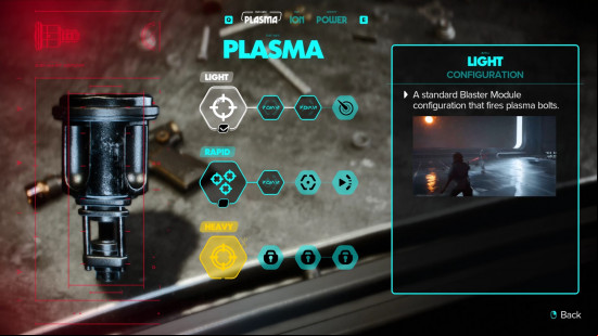 outlaws-blaster-plasma Outlaws blaster upgrades: a menu screen showing various blaster upgrades.