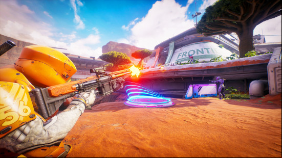 Splitgate 2 preview: a Sabrask soldier fires at an Aeros player