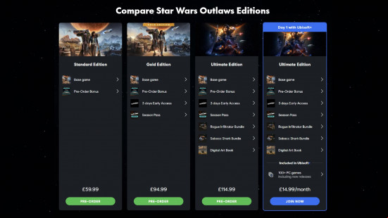 An inforgraphic shows the comparison between Star Wars Outlaws editions, including which come with early access.