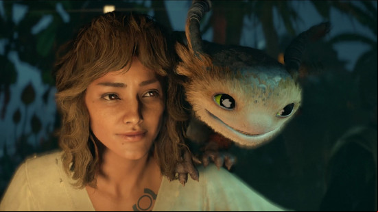 Star Wars Outlaws review: a woman and her pet alien puppy wait for a meal.