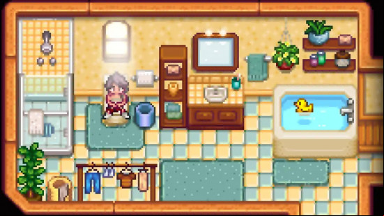 A player character sits in their bathroom in Stardew Valley, kitted out with Bathroom Furniture in one of the best Stardew Valley mods.