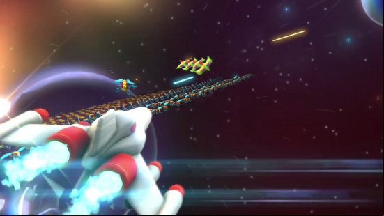 Best Apple Arcade games: Galaga Wars+. Image shows the show flying through space and shooting at enemies in a screenshot from the game's trailer.