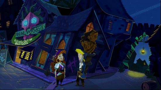 Best Apple Arcade games: Return to Monkey Island+. Image shows two pirates lurking outside of a tavern.