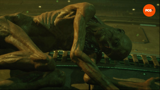 The Casting of Frank Stone: A dead, withered, hairless body lies in the fetal position on the ground.