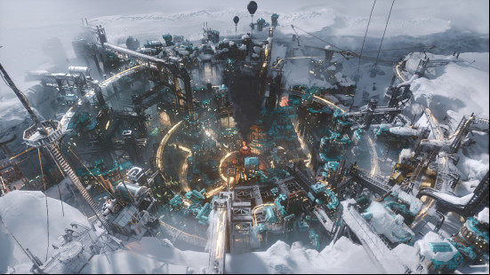 Image shows an industrial settlement in a snowy landscape in Frostpunk 2, one of the best city-building games.