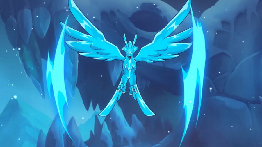 An icy angel/bird hybrid flies upwards.