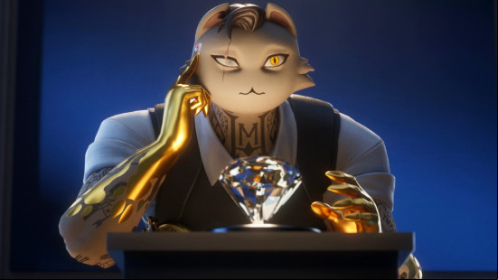 Meowdas, a tattooed cat with a quiff and one of the best Fortnite skins, tries to steal a large diamond.