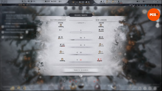 Frostpunk 2 tips: An in-game screenshot of the resources sharing screen, allowing items to be shared across colonies.