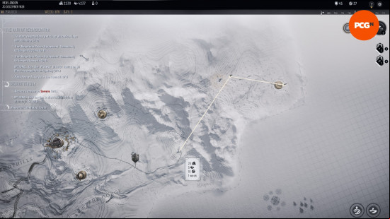 Two lines between three markers demonstrate how to construct trails in Frostpunk 2.