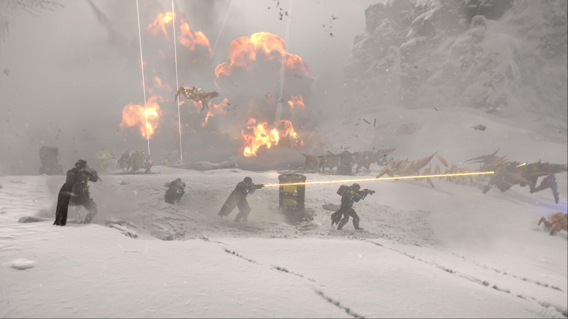 Helldivers 2 Steam reviews: Soldiers fighting in the snow in multiplayer game Helldivers 2