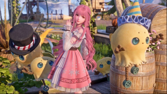 Nikki stands on a dock surrounded by Miraland creatures wearing cute hats in the Infinity Nikki beta.