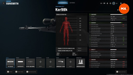 Best Warzone Kar98k loadout: a screen showing stats for a long-range sniper rifle, including its bullet velocity and effective range.