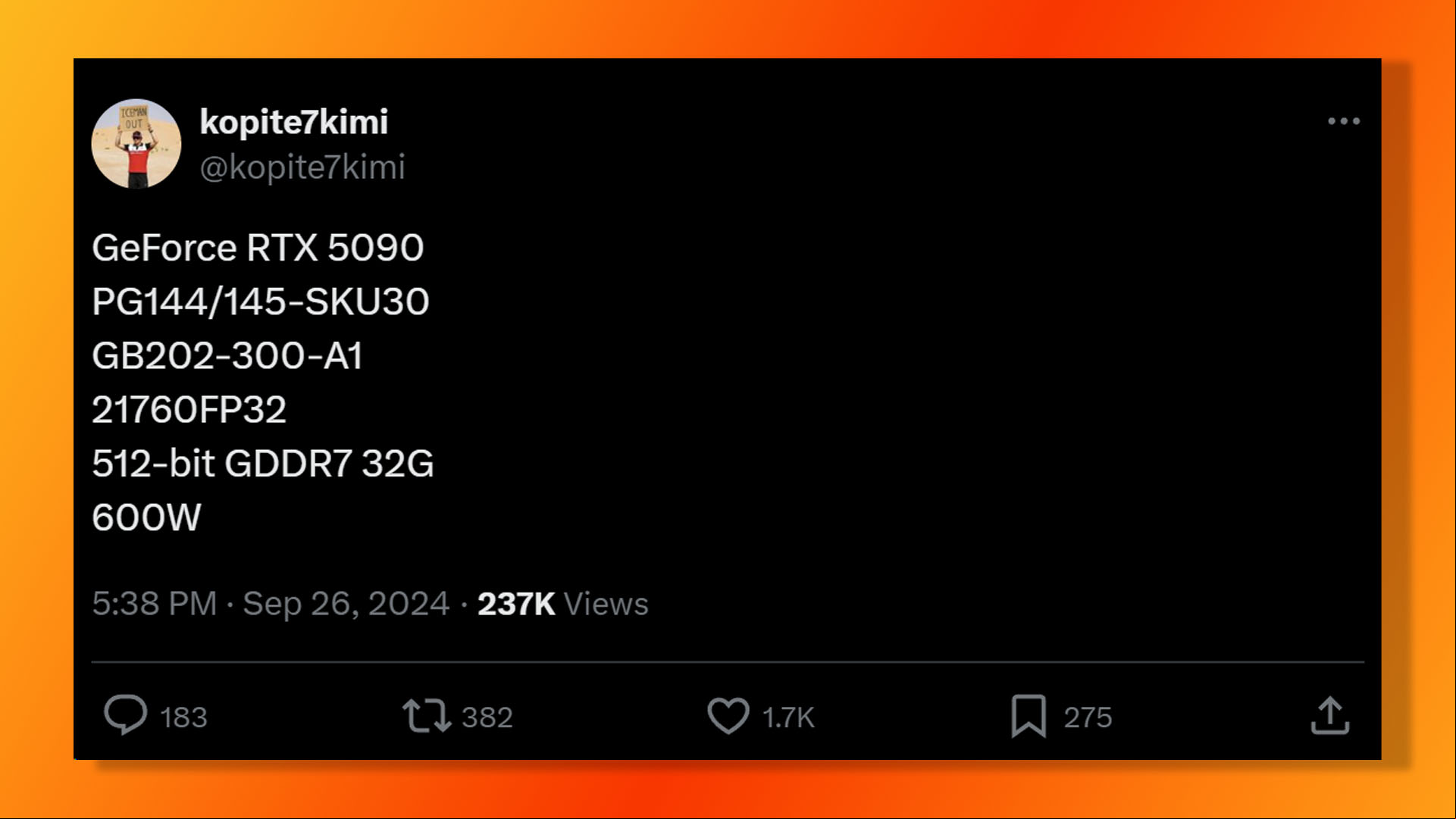Nvidia GeForce RTX 5090 specs leak from kopite7kimi on X, formerly Twitter