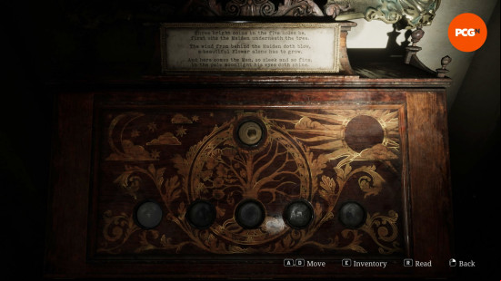 The coin cabinet puzzle in Silent Hill 2 with six slots in which to place three coins, a riddle written above it.